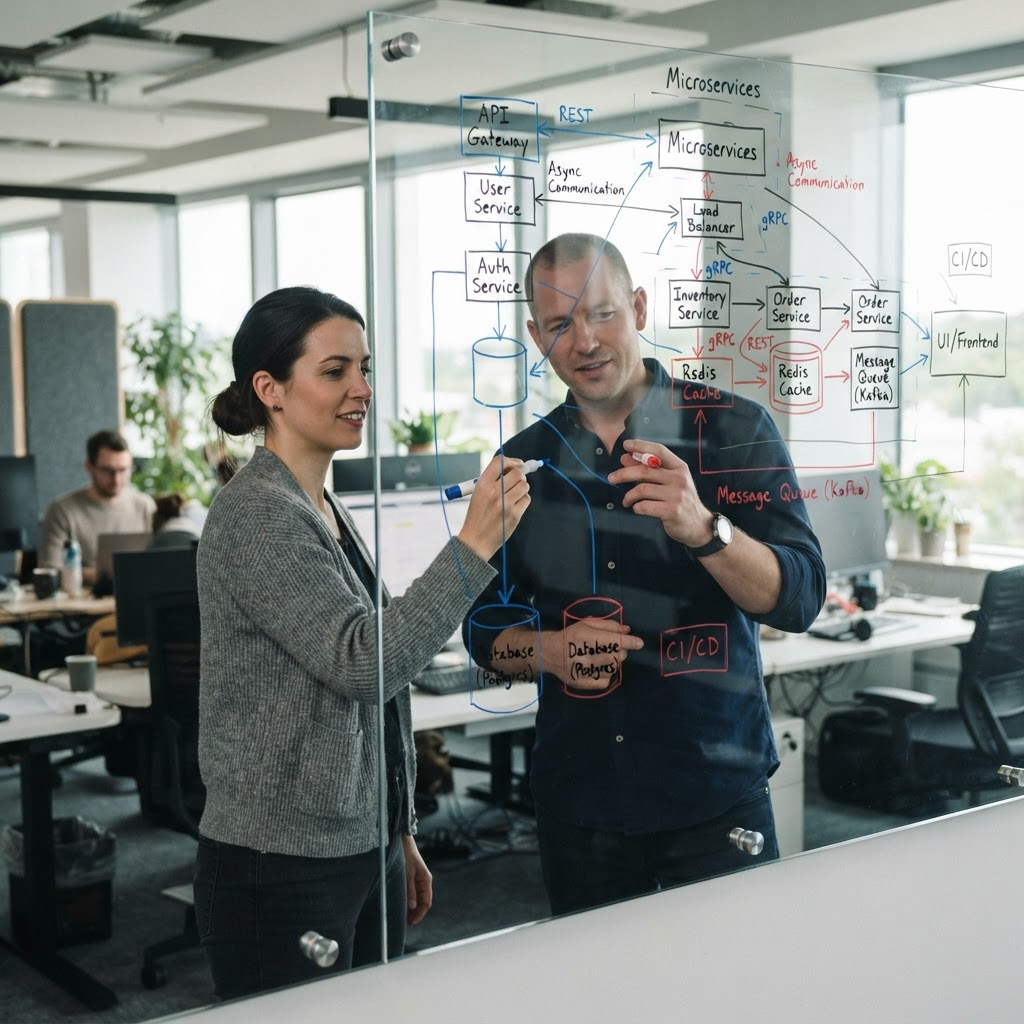 Zwei Engineers skizzieren eine Software-Architektur am Whiteboard